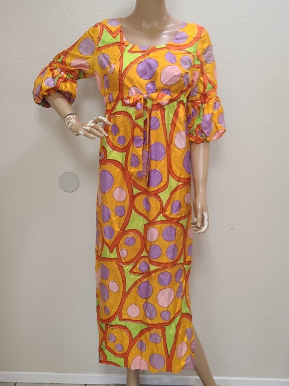 VINTAGE 1960s ALEX COLMAN BRIGHT PRINT CAFTAN HOUSE DRESS POLKA DOT GOWN sz S